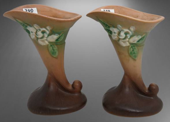 (2) Roseville Gardenia Cornucopia Vases