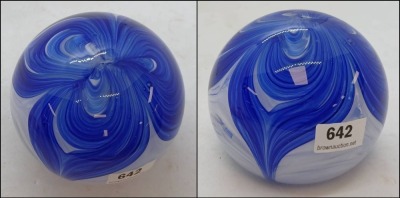 Blue and White Swirl Glass Paperweight