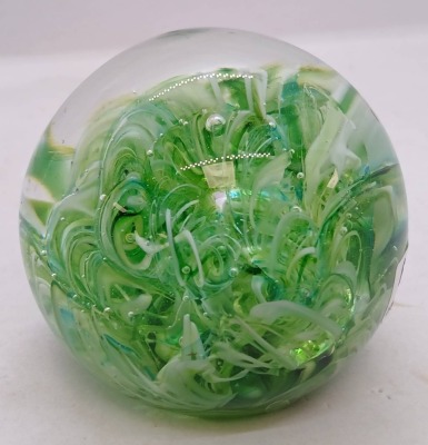Green Swirl Glass Paperweight with Signature - 2