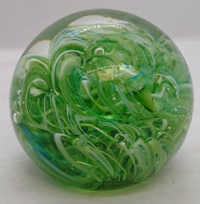 Green Swirl Glass Paperweight with Signature - 4
