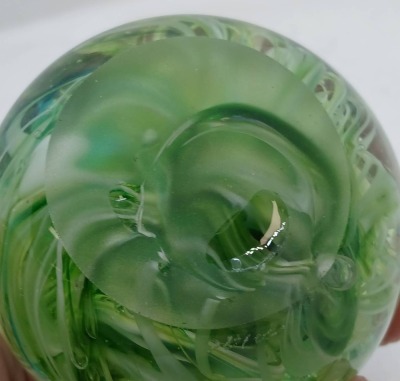 Green Swirl Glass Paperweight with Signature - 6