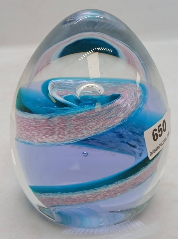 Art Glass Egg-shaped Paperweight with Swirling Blue Design