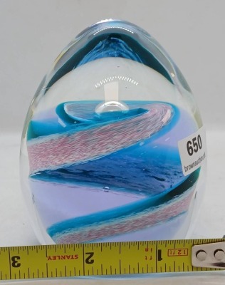 Art Glass Egg-shaped Paperweight with Swirling Blue Design - 7