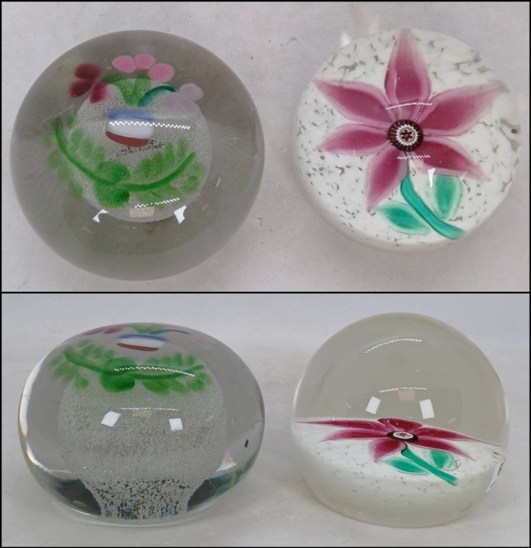 (2) Floral Art Glass Paperweights