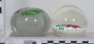(2) Floral Art Glass Paperweights - 13