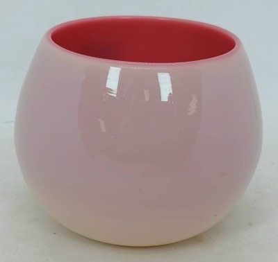 Pink Cased Glass Bowl With Red Interior - 2