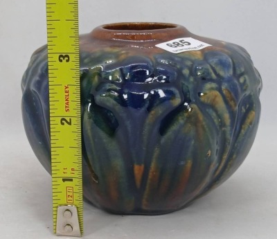 Unm. Blended Glaze Pottery Vase with Floral Relief - 5