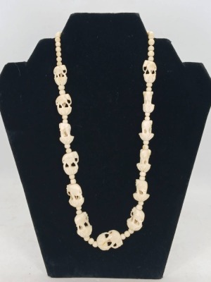 Carved Bone Skull Necklace With Beads