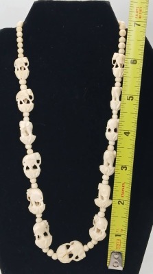 Carved Bone Skull Necklace With Beads - 4