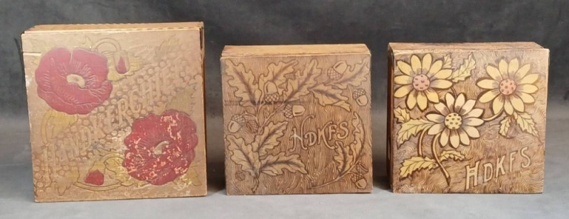 Three Pyrography Handkerchief Boxes