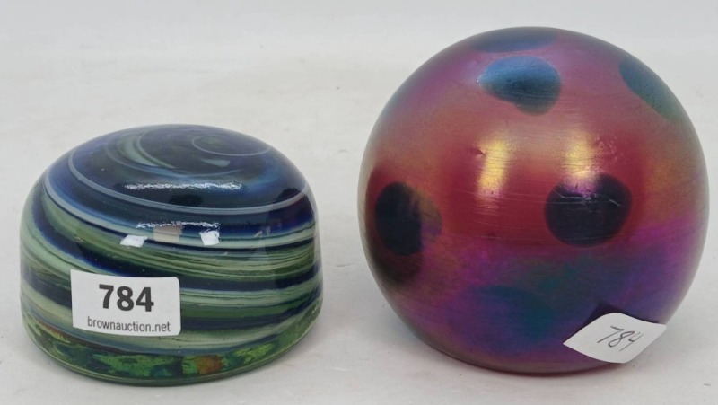 Two Art Glass Paperweights in Iridescent Finish