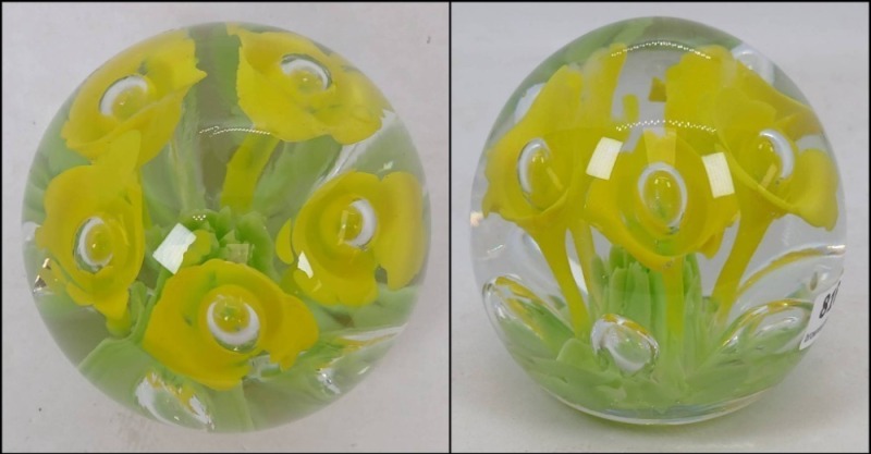 Art Glass Paperweight with Yellow Flowers