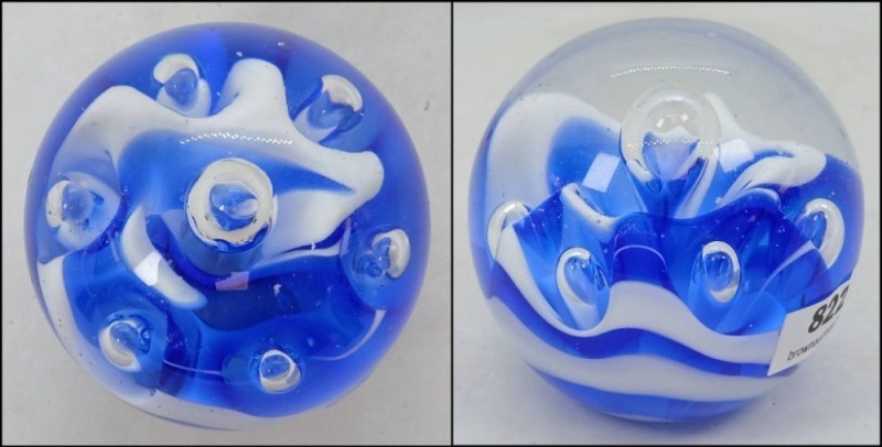 Blue and White Swirl Glass Paperweight