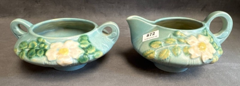 Roseville White Rose Creamer and Sugar