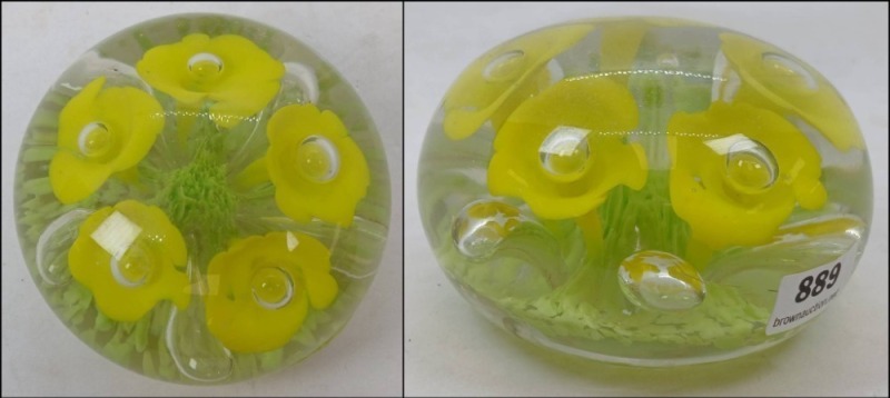 Glass Flower Paperweight with Yellow Blooms