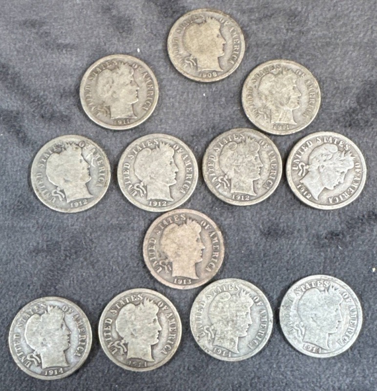 (12) Barber Dimes, 1908-1914