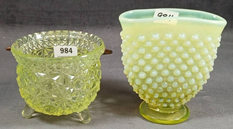 (2) Vaseline Glass Pcs. - Fan Vase and Toothpick Holder