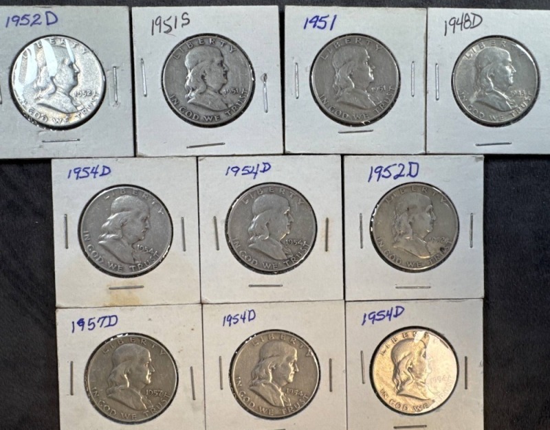 10 Franklin Silver Half Dollars