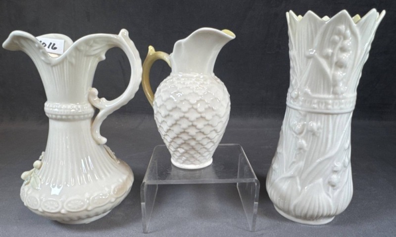 Belleek Cream Pitchers and Vase Lot