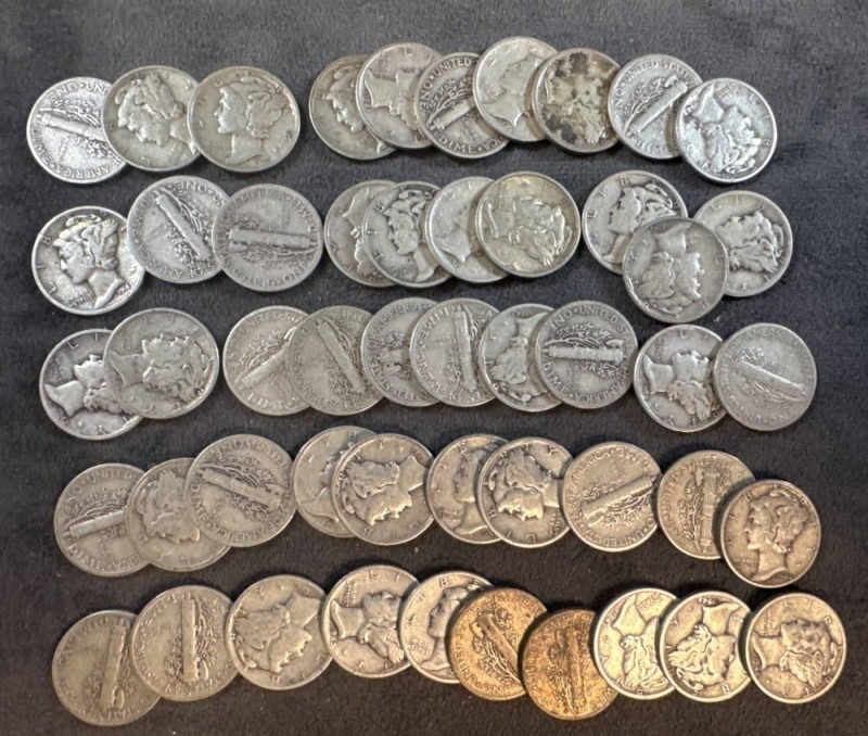 50 Mercury Silver Dimes, 1916-1945