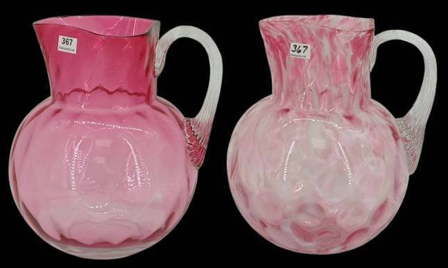 (2) Art Glass Coin Dot Pitchers