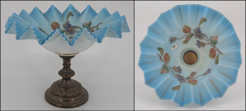 Blue Ruffled Glass Compote on Metal Base
