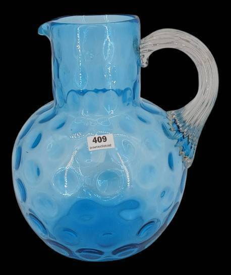 Blue Art Glass Inverted Thumbprint Pitcher