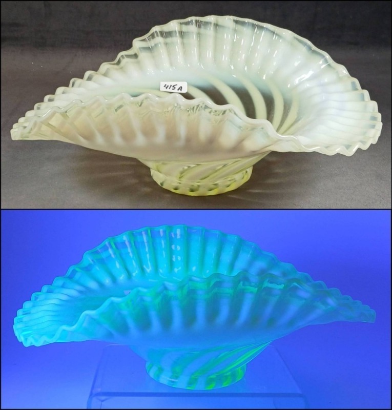 Vaseline Opalescent Glass Swirled Ruffled Bowl