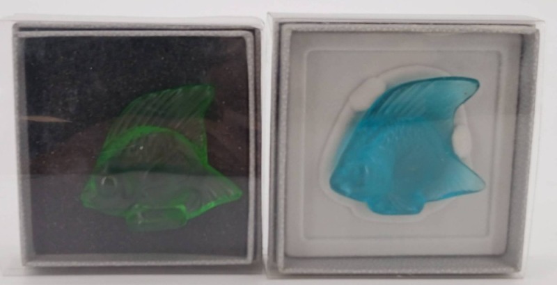(2) Lalique Crystal Fish Figurines in Green and Blue