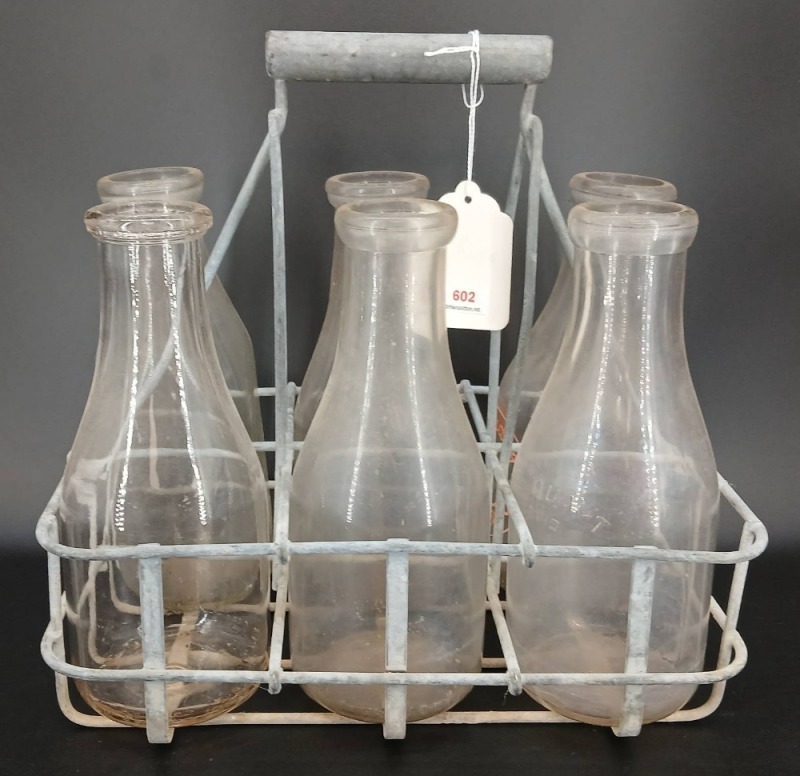 Metal Carrier with (6) Glass Milk Bottles