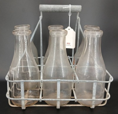Metal Carrier with (6) Glass Milk Bottles