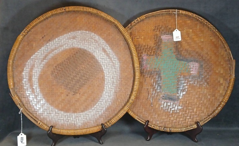 (2) Woven Bamboo Baskets with Painted Designs
