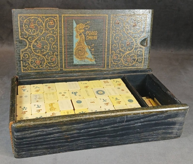 Mahjong Set with Bone/Ivory Tiles in Wooden Box