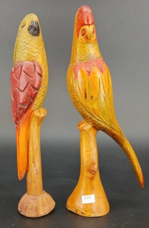 Hand-Carved and Painted Wood Parrots