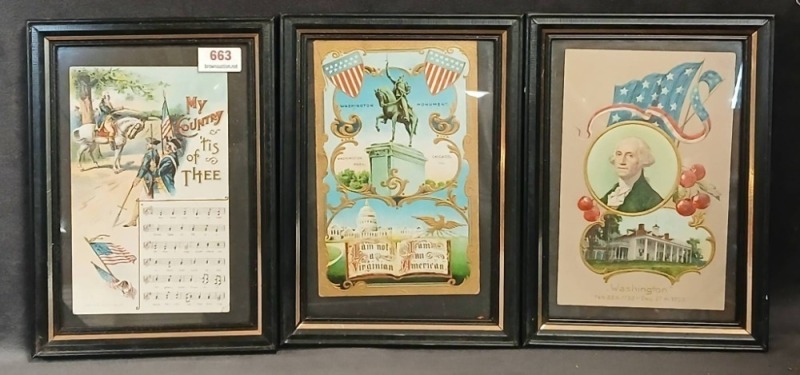 (3) Framed Patriotic Postcards