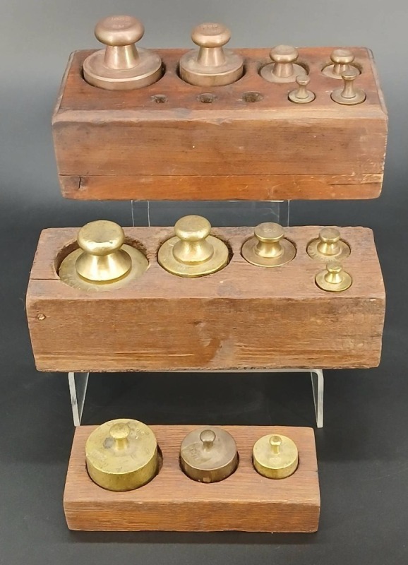 (3) Brass Weight Sets in Blocks
