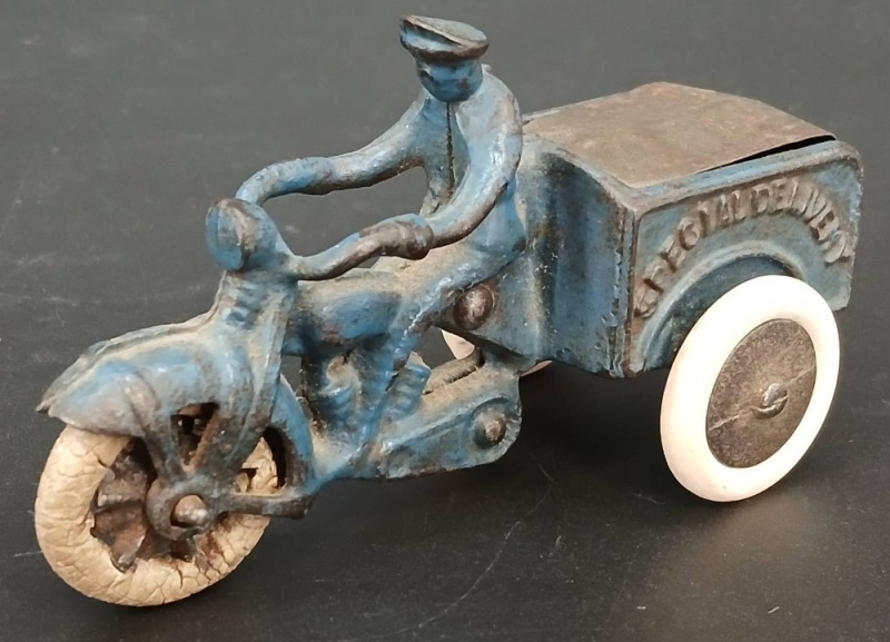 Blue Cast Iron 'Special Delivery' Motorcycle with Rider