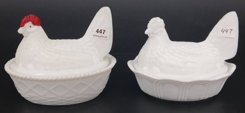 (2) Milk Glass Hen-on-Nest Dishes