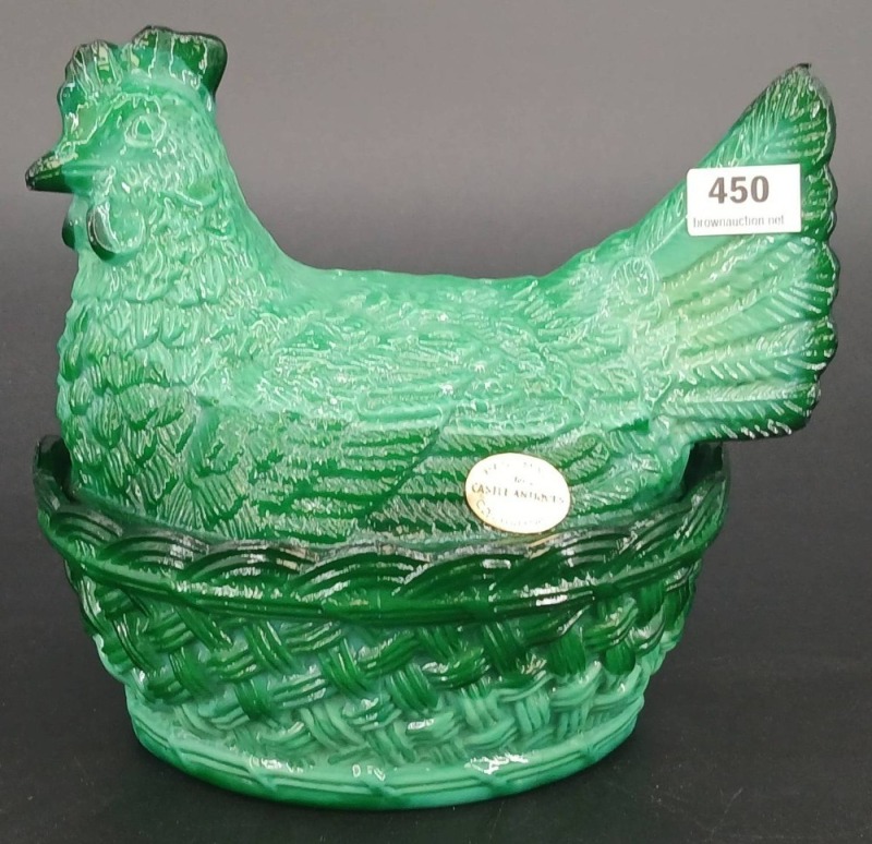 Bohemian Malachite Czech Jade hen on nest covered dish