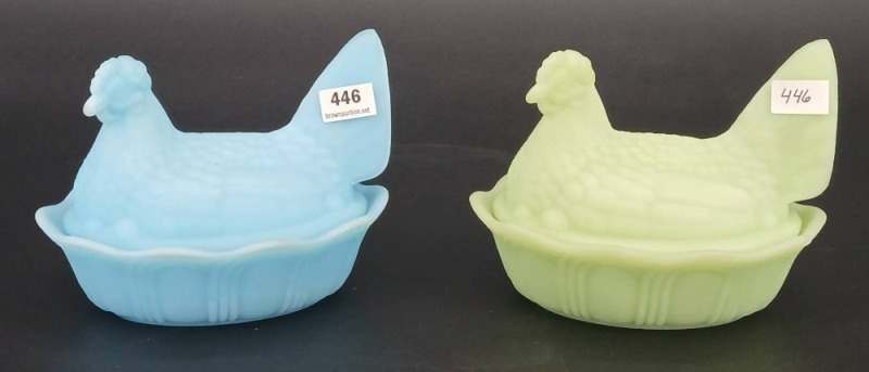 (2) Fenton Satin Glass Hen on Nest Covered Dishes
