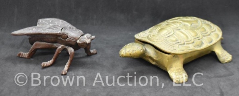 (2) Tobacco related items: Cast Iron fly match holder; Turtle cigarette box