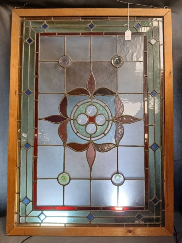 Framed Stained Glass Panel With Floral Motif