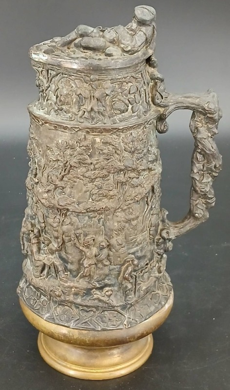 Figural Relief Pewter and Brass Tankard