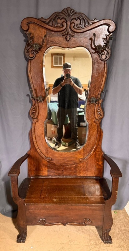 Wooden Hall Tree With Mirror and Storage