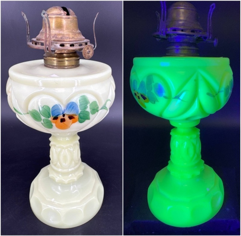 Custard Glass Oil Lamp with Painted Design