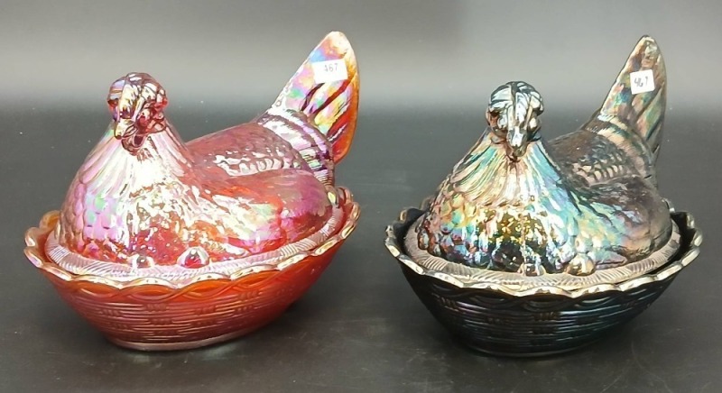 (2) Fenton Hen on Nest Carnival Glass Dishes