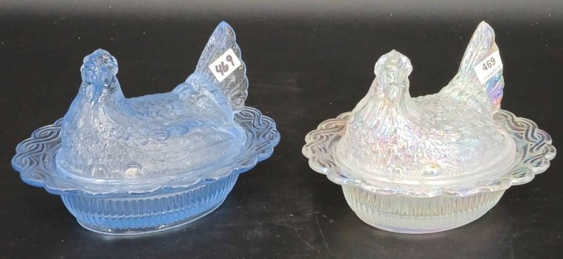 (2) Iridescent Glass Hen Covered Dishes