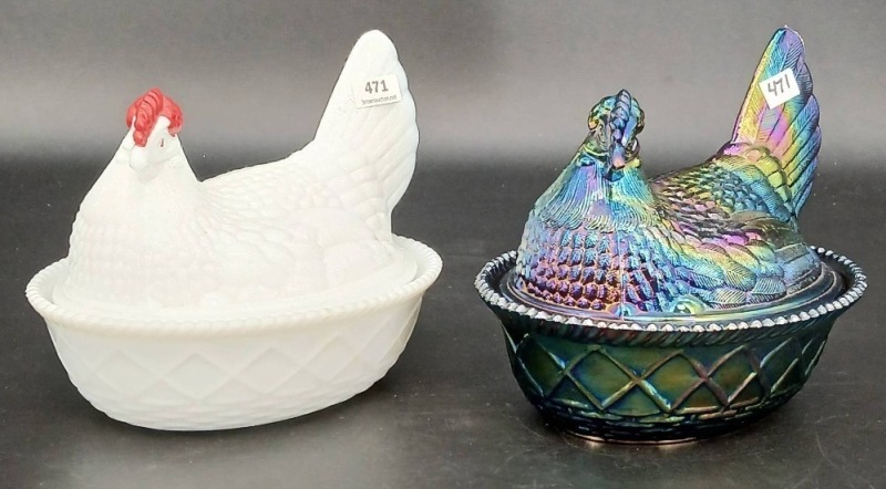Westmoreland Milk Glass and Carnival Glass Hen Dish