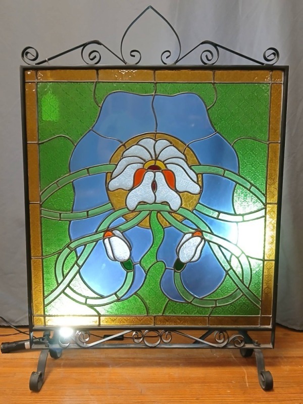 Stained Glass Panel with Wrought Iron Frame