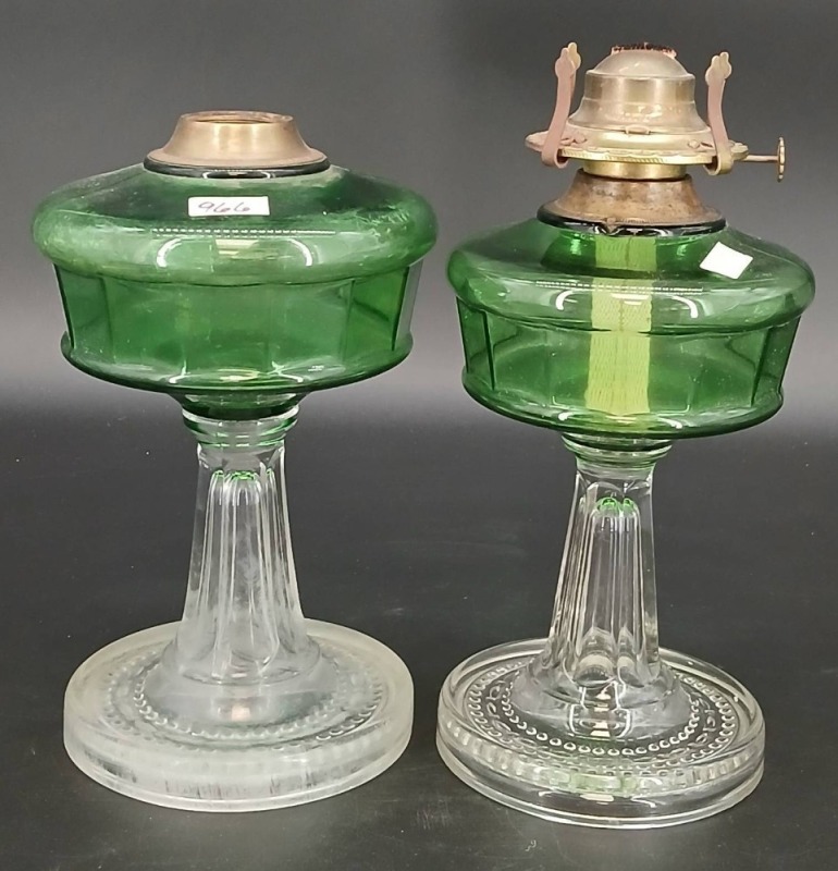 (2) Green Glass Oil Lamps with Brass Fittings